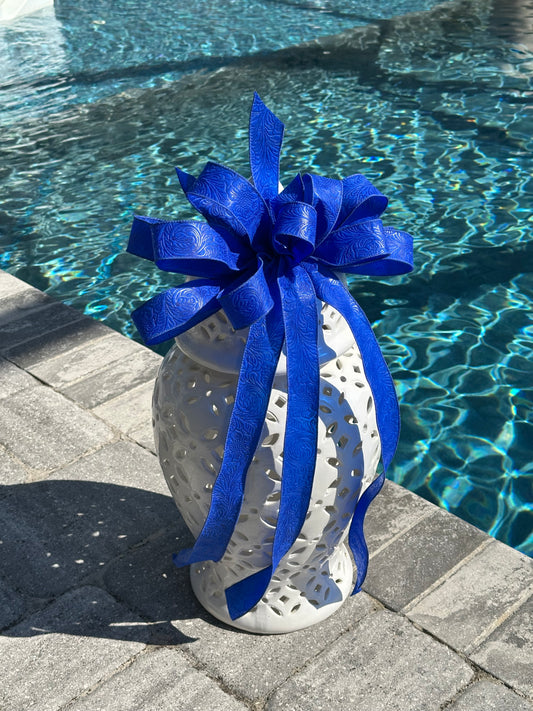 Royal Blue Hand-Tied Bow – Embossed Wired Ribbon for Wreaths, Gifts & Home Decor