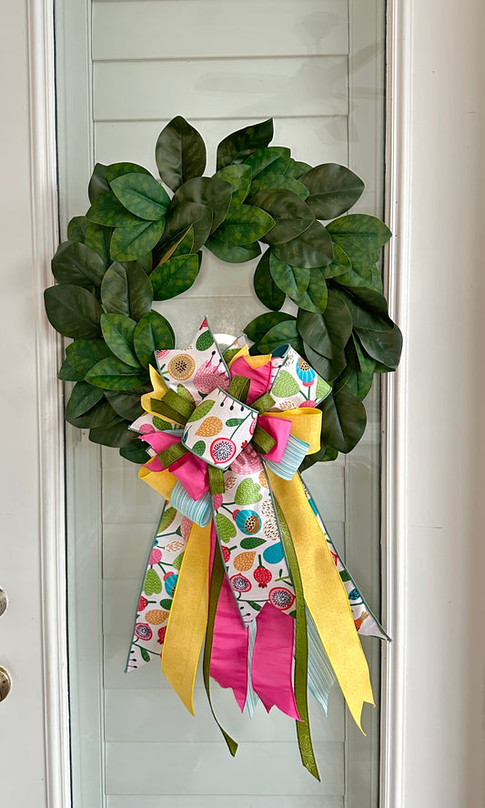 Green Magnolia Wreath with D Stevens Abstract Floral Ribbon Hand Tied Bow – Elegant and Artistic Floral Home Decor