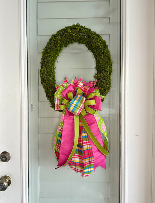 Green Moss Wreath with Pink & Green D. Stevens Ribbon Bow – Elegant Seasonal Decor for Home & Events