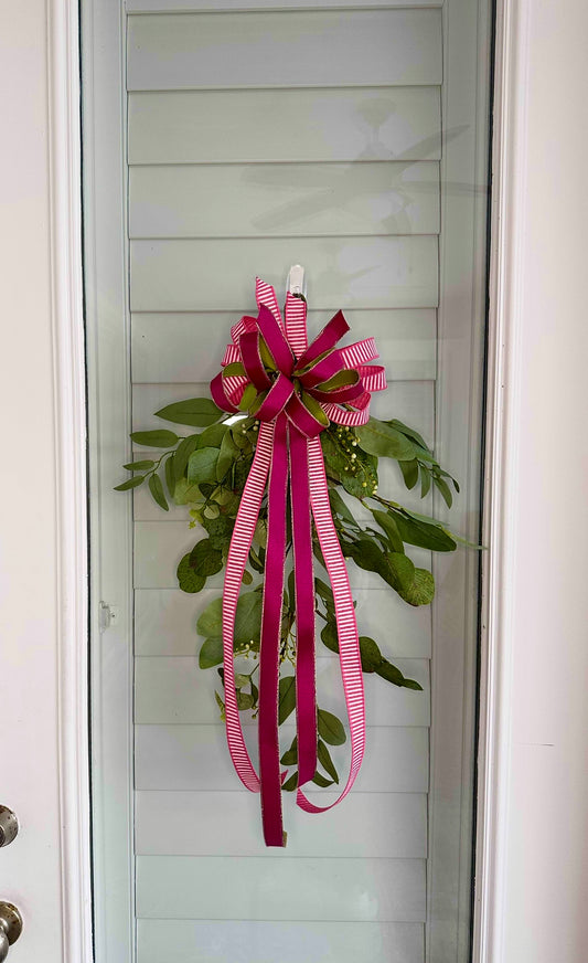 Eucalyptus Berry Teardrop Swag – Sage Green with Pink D. Stevens Ribbon Bow | Elegant Seasonal Home Decor