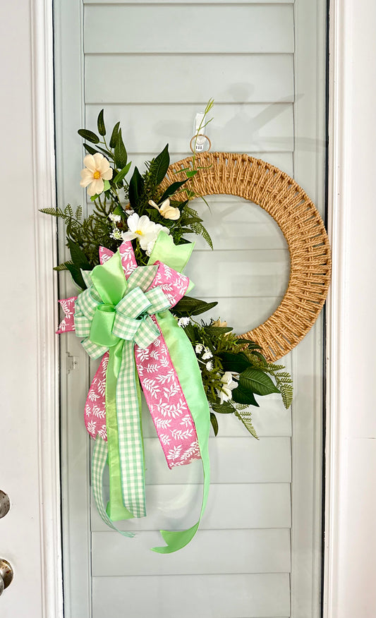 Asymmetrical Cosmo and Fern Wreath with Pink and Mint Green hand tied bow