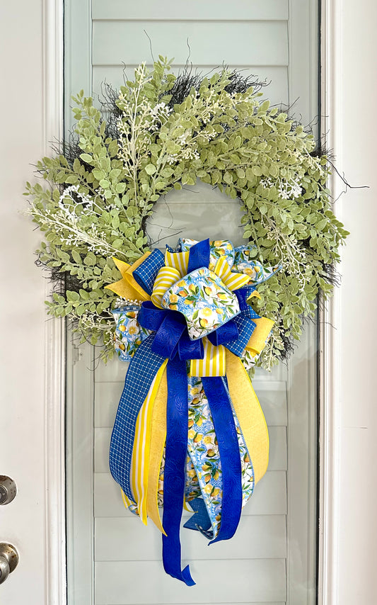 White Eucalyptus & Berry Wreath with Blue & Yellow D. Stevens Ribbon – Elegant Year-Round Home Decor