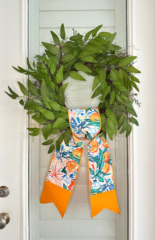 Green Eucalyptus Wreath with D. Stevens Dupioni Watercolor Citrus Oranges Sash – 23.5” Elegant Front Door & Home Decor