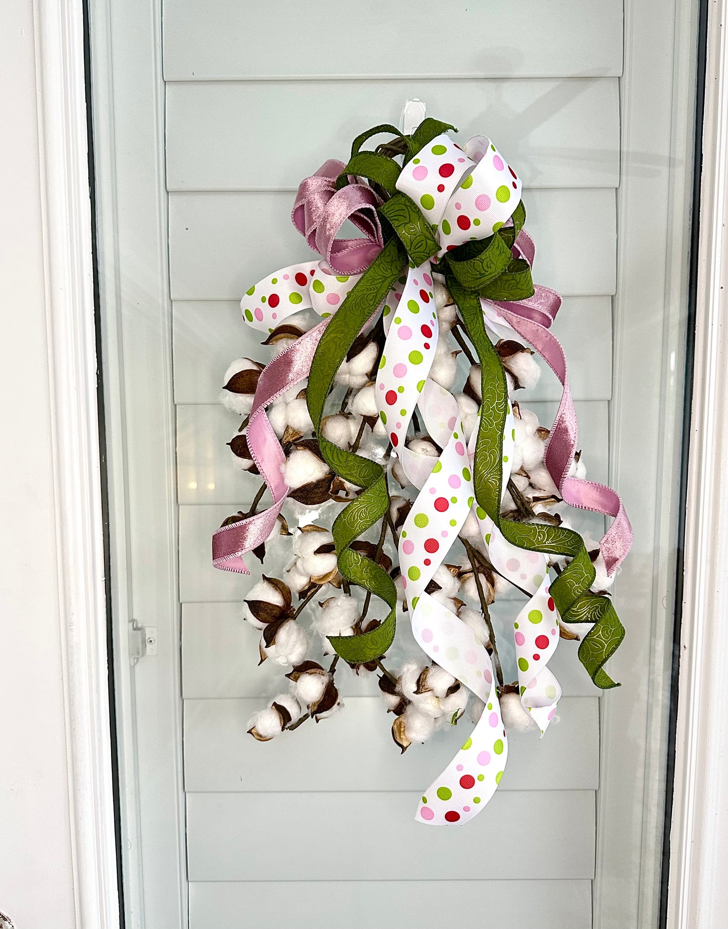 20” Teardrop Cotton Swag – Real Cotton Blooms with Pink, Green & Polka Dot Hand-Tied Ribbon Bow