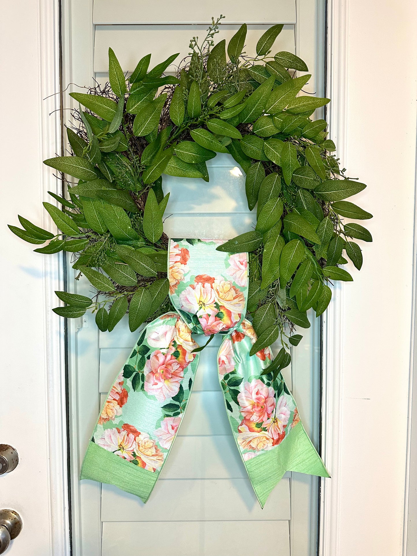 Eucalyptus Leaf Wreath with D. Stevens Garden Roses Sash – Elegant Peach & Green Floral Wreath for Home Decor