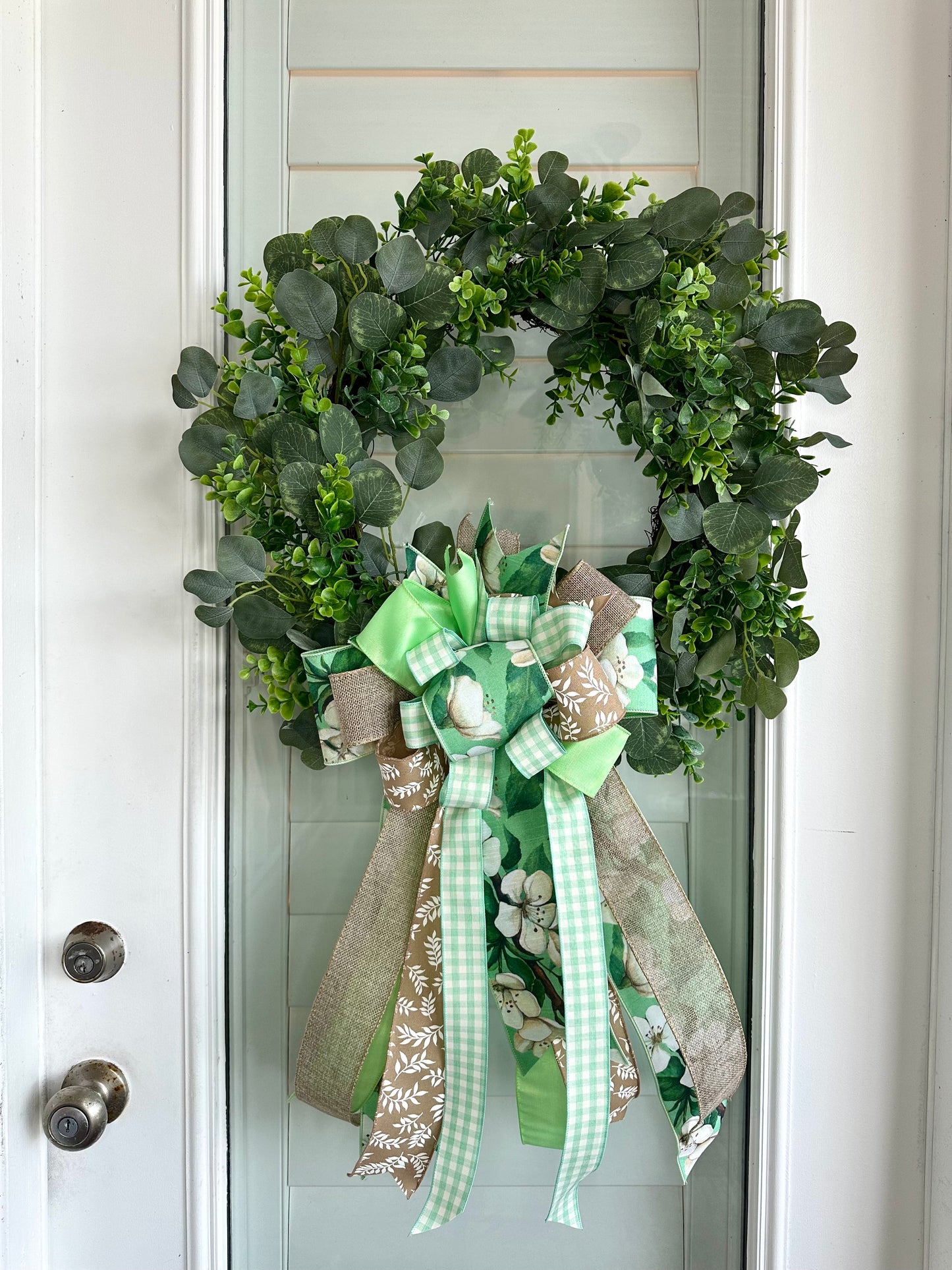 Boxwood & Eucalyptus Leaf Wreath with D. Stevens Apple Blossom Ribbon – Mint Green & Beige | Elegant Front Door Decor