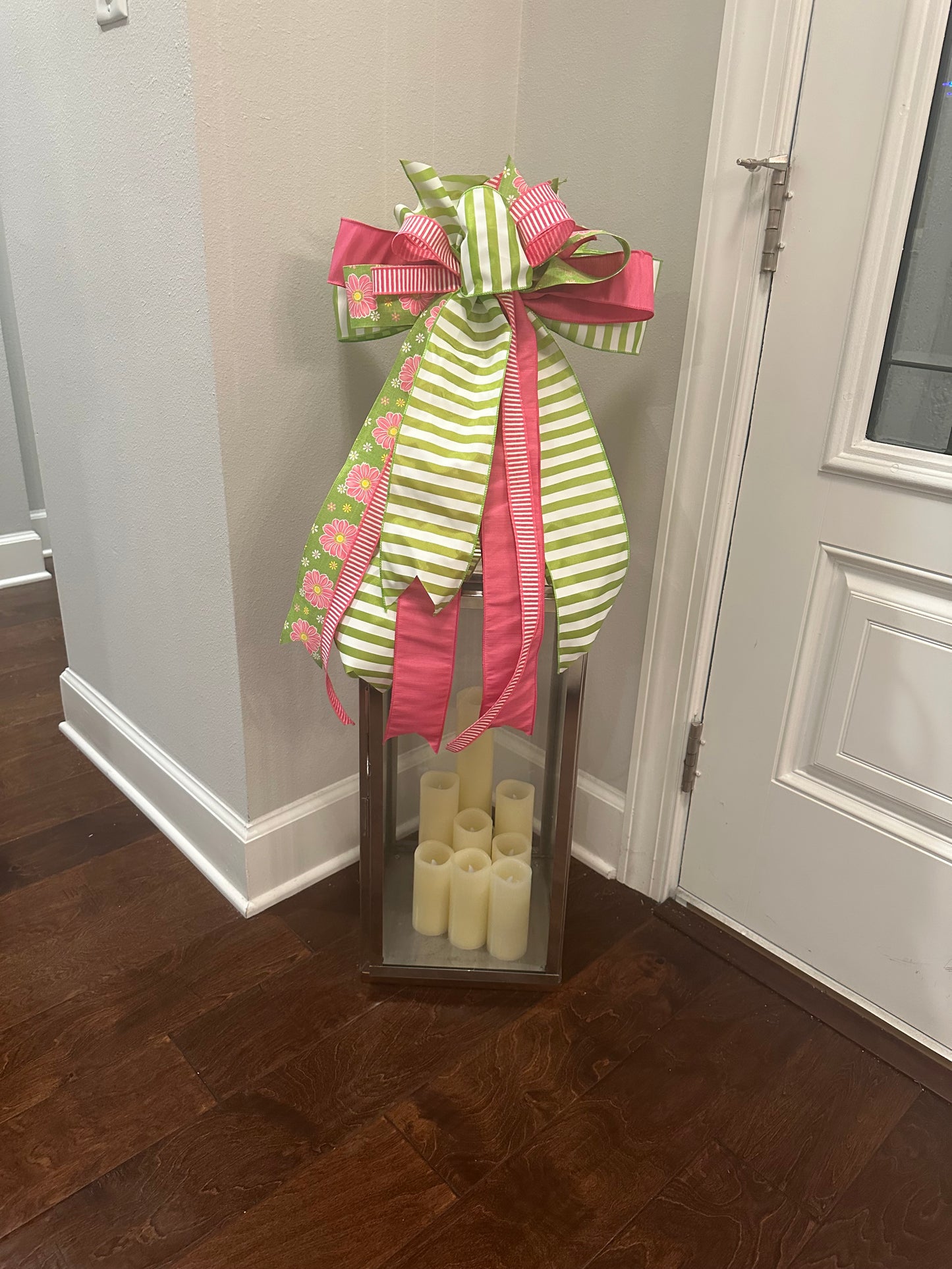 Lime Green & Pink Hand-Tied Ribbon Bow – Elegant Wired Bow for Wreaths, Gifts, & Home Decor